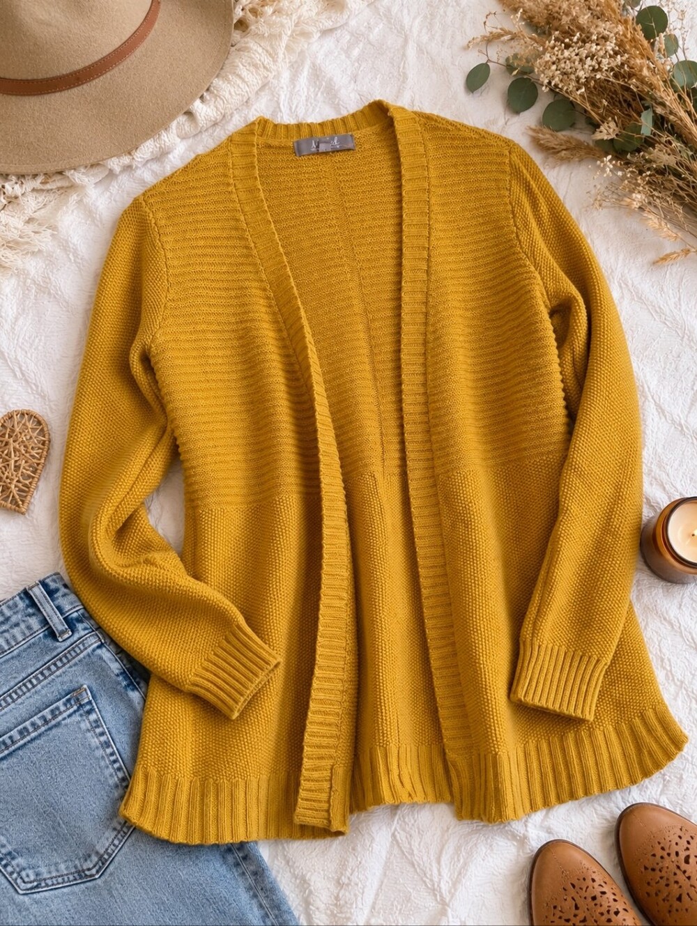 Marled Mustard Yellow Open Front Knit Cardigan Sweater Small